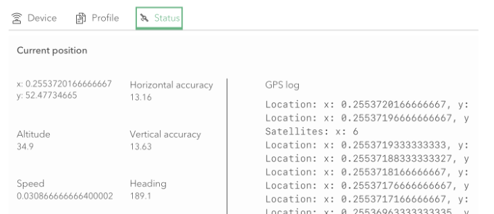 The GPS status screen in the Sweet field app